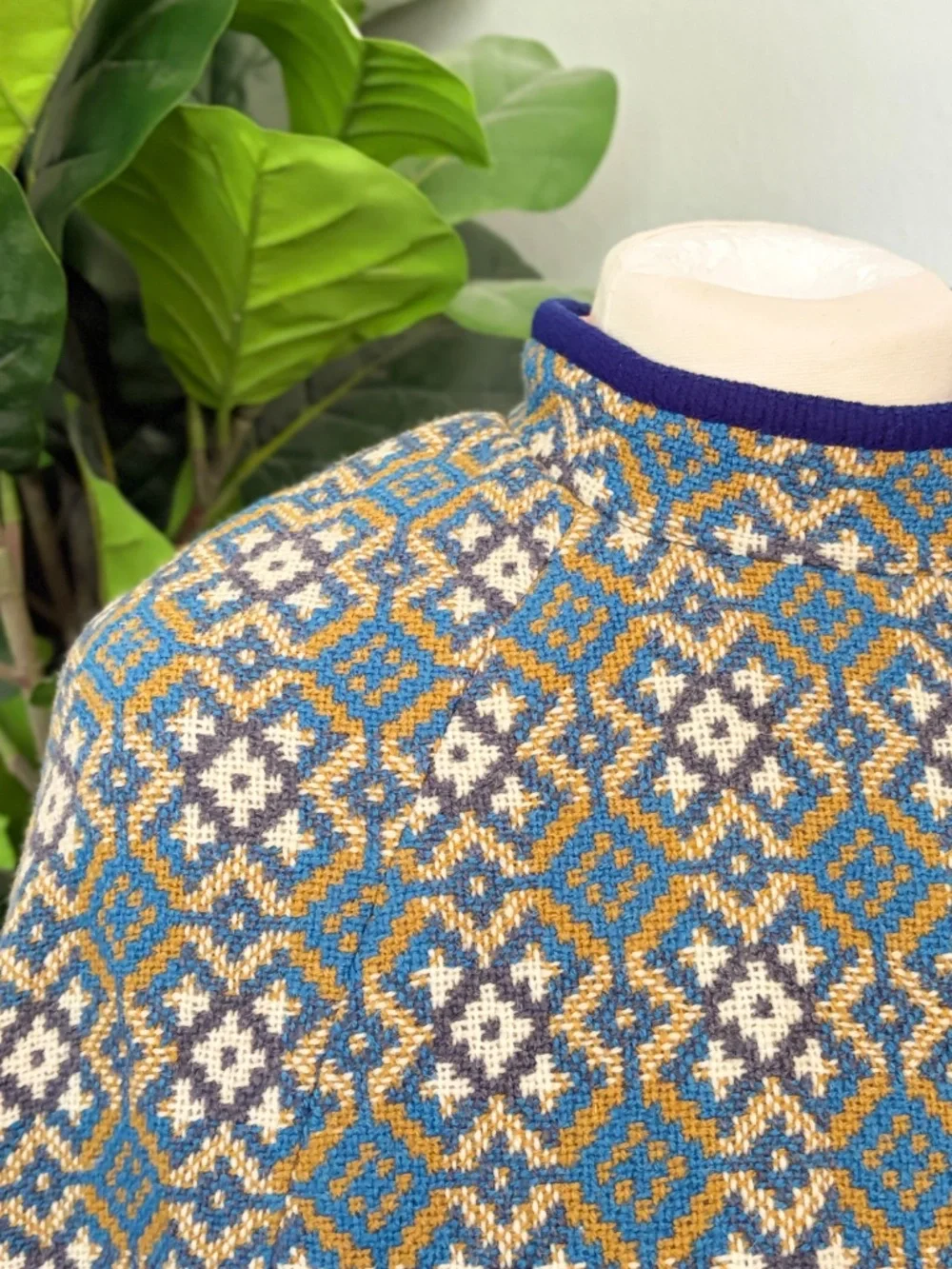 Vintage Welsh Wales Wool Tapestry Geometric Print Gold Blue White Asymmetric